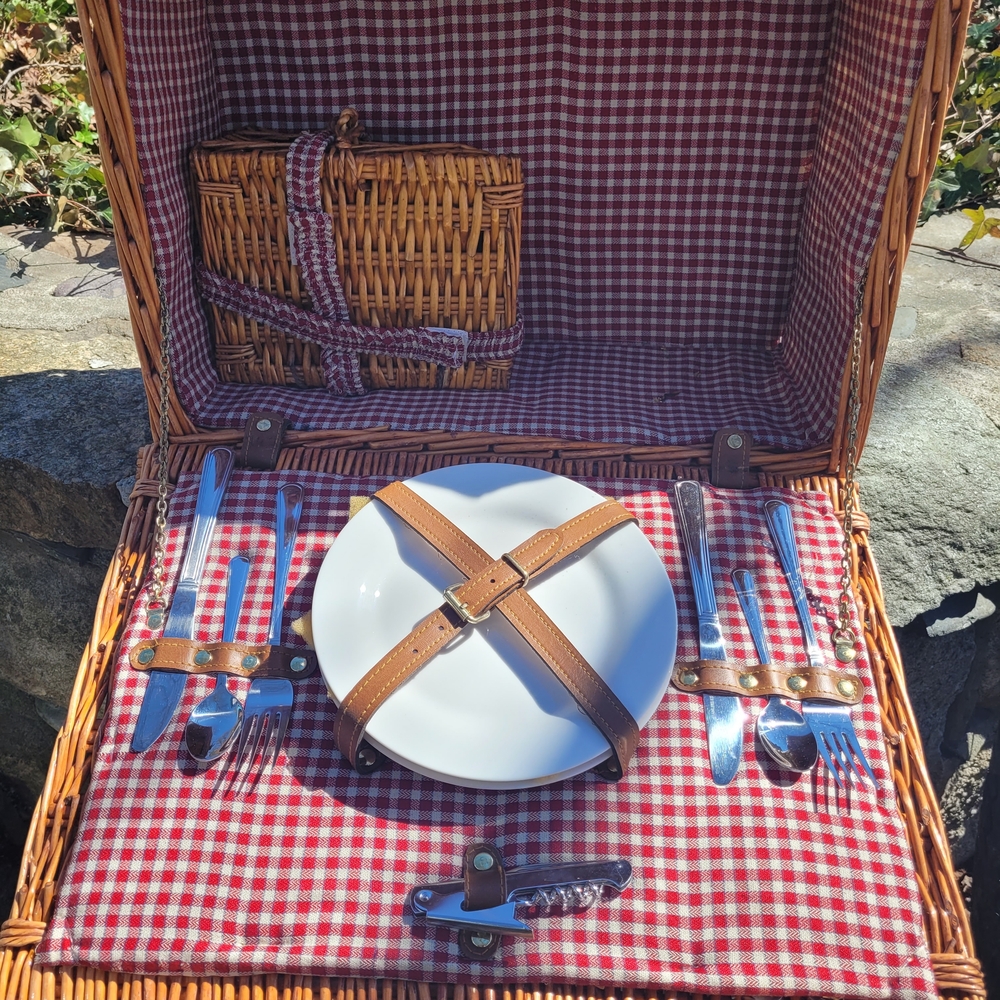 Red Gingham Picnic Dinner Set with White Plates